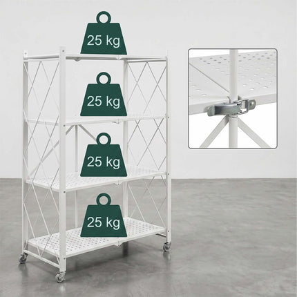 4-Tier Folding Steel Shelving Unit with Castors and Brakes, White, 125 cm