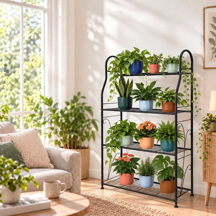 4-Tier Metal Plant Shelf with Decorative Curves, Black, 114 cm High