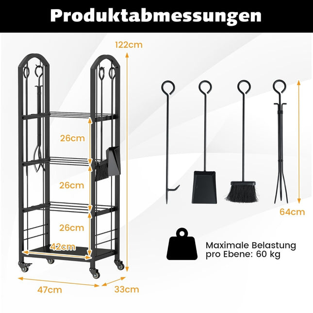 4 līmeņu malkas statīvs ar riteņiem un instrumentiem - lietošanai iekštelpās/ārā