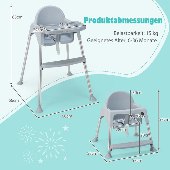 4 vienā bērnu barošanas krēsliņš, izgatavots no PP un nerūsējošā tērauda, pārveidojams barošanas krēsliņš ar noņemamu dubulto paplāti, pelēks