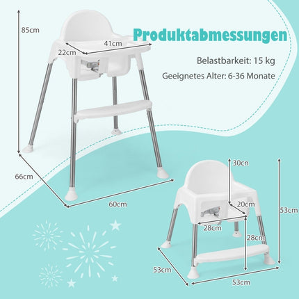 4 vienā bērnu barošanas krēsliņš, izgatavots no PP un nerūsējošā tērauda, pārveidojams barošanas krēsliņš ar noņemamu dubulto paplāti, balts