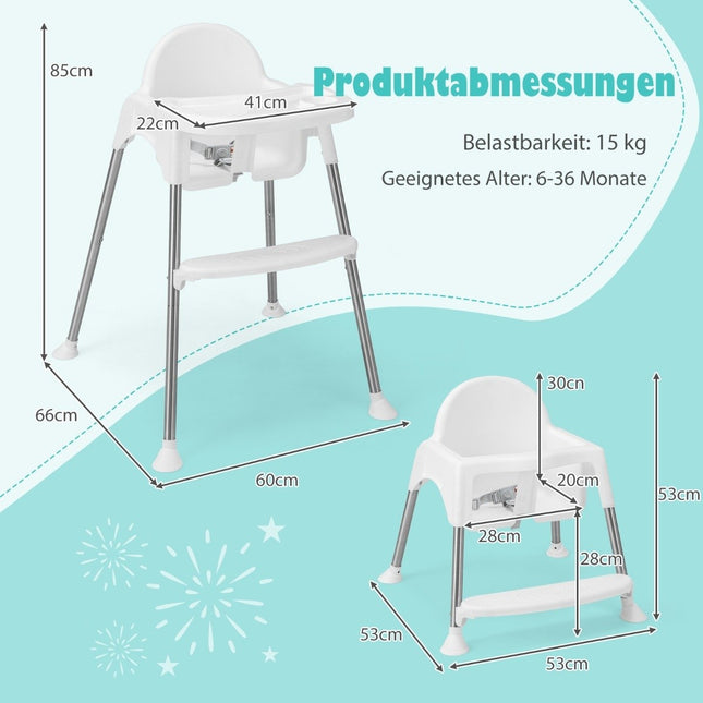 4 vienā bērnu barošanas krēsliņš, izgatavots no PP un nerūsējošā tērauda, pārveidojams barošanas krēsliņš ar noņemamu dubulto paplāti, balts