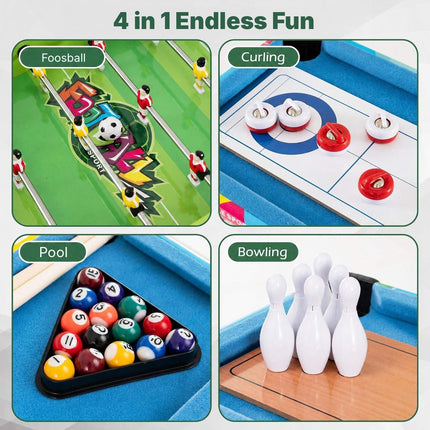 4-in-1 Kids Combo Game Table with Foosball and Mini Pool, Bowling, Curling