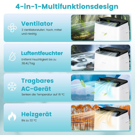 4-in-1 pārnēsājamais gaisa kondicionieris 14000 BTU sildīšana un dzesēšana, ventilators un sausināšana (4,1 kW-14000-40m²)