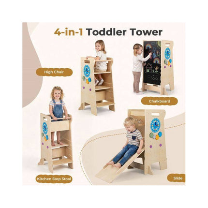 4-in-1 Toddler Tower with Slide and Chalkboard, Montessori Kitchen Step Stool
