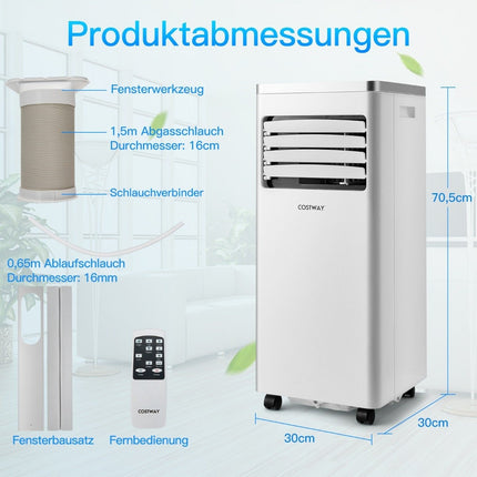 4 vienā mobilā gaisa kondicionēšanas, dzesēšanas un ventilācijas un sausināšanas gaisa kondicionēšanas iekārta ar izplūdes šļūteni 7000 BTU, balta