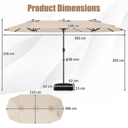 4 m divpusējs terases saulessargs, saules gaismas diodes, pamatne, bēšs