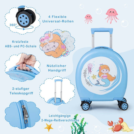 4 daļu bērnu čemodāns + mugursoma 10"+14" bērnu ratiņi ar riteņiem, zili