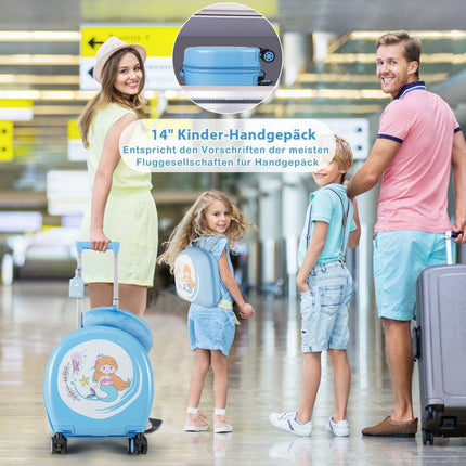 4 daļu bērnu čemodāns + mugursoma 10"+14" bērnu ratiņi ar riteņiem, zili