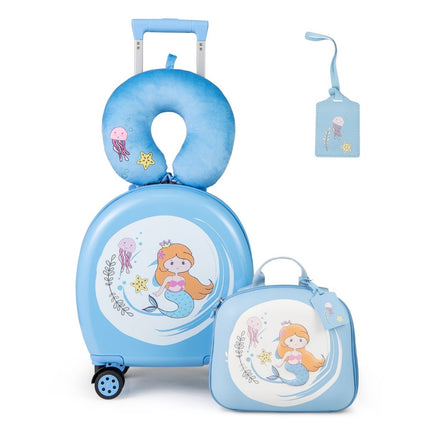 4 daļu bērnu čemodāns + mugursoma 10"+14" bērnu ratiņi ar riteņiem, zili