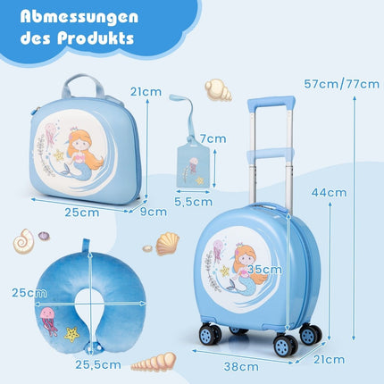 4 daļu bērnu čemodāns + mugursoma 10"+14" bērnu ratiņi ar riteņiem, zili