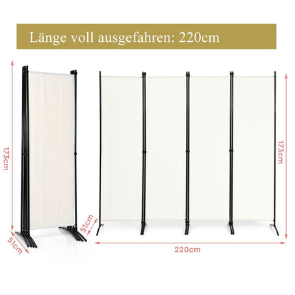 4 daļu salokāma starpsiena mājas birojam, 220 x 51 x 173 cm, balta