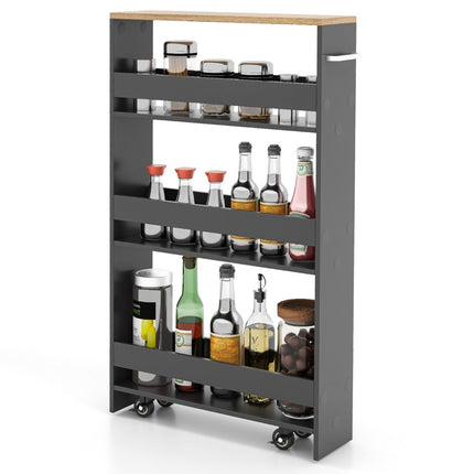 4 līmeņu nišas plaukts uz koka riteņiem ar rokturi virtuves ratiņiem 47,5 x 20 x 80,5 cm pelēks + dabīgs