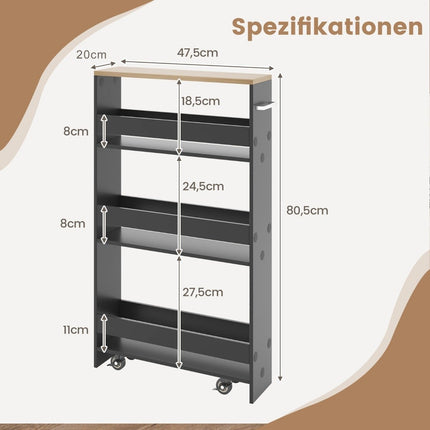 4 līmeņu nišas plaukts uz koka riteņiem ar rokturi virtuves ratiņiem 47,5 x 20 x 80,5 cm pelēks + dabīgs