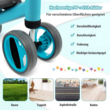 Bērnu balansa velosipēds ar 4 riteņiem bez pedāļiem bērniem no 1 līdz 2 gadu vecumam, zils