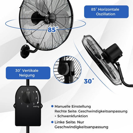 Ø56 cm sienas ventilators, svārstveida ventilators noliktavai, siltumnīcai, darbnīcai, terasei un pagrabam, melns