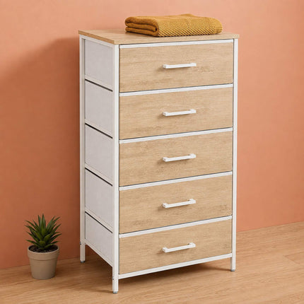 Auduma kumode ar 5 atvilktnēm, koka imitācija, 94x45x30 cm