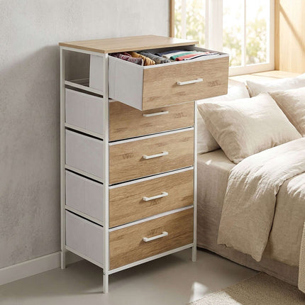 Auduma kumode ar 5 atvilktnēm, koka imitācija, 94x45x30 cm