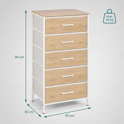Auduma kumode ar 5 atvilktnēm, koka imitācija, 94x45x30 cm