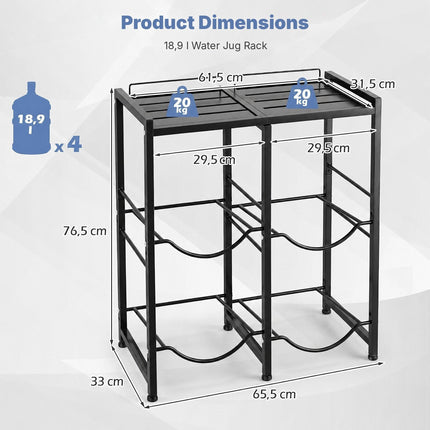 5 Gallon Water Jug Holder for 4 Bottles with Top Shelf, Black, Carbon Steel