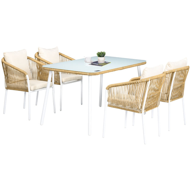Rattan garden dining set, 5 pcs, glass table & cushions