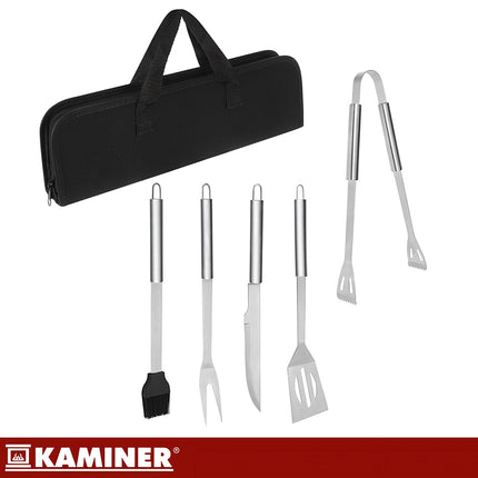 5 daļu nerūsējošā tērauda grila instrumentu komplekts ar koferi
