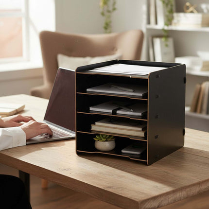 5-Slot MDF Letter Tray – Black Wood-Effect Desk Organiser