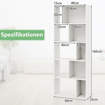 5 līmeņu grāmatu plaukts ar 10 nodalījumiem, brīvi stāvošs telpas sadalītājs, koka plaukts, atvērts plaukts