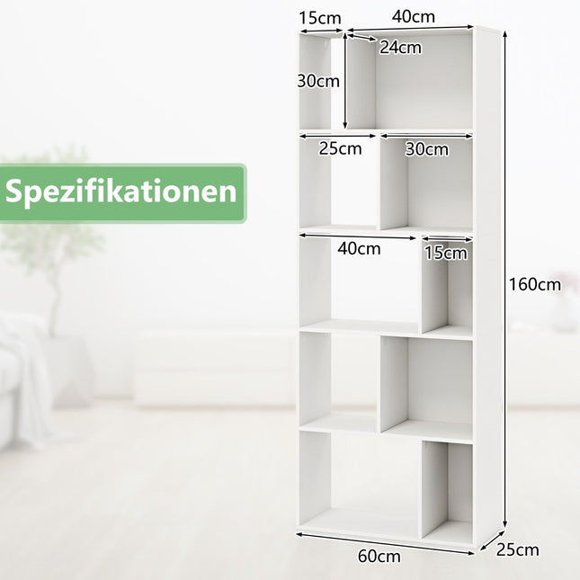 5 līmeņu grāmatu plaukts ar 10 nodalījumiem, brīvi stāvošs telpas sadalītājs, koka plaukts, atvērts plaukts