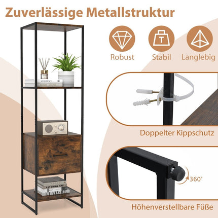 5 līmeņu grāmatu skapis ar atvilktni un metāla rāmja grāmatu plauktu, moderns stāvplaukts, brūns