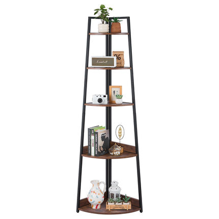 5-Tier Corner Shelf, Tall Metal Frame Wood Bookcase