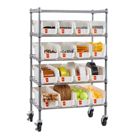 5-Tier Rolling Bin Storage Rack, 16 Bins, Steel with Wheels