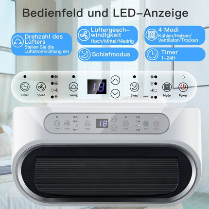 5 vienā mobilais gaisa kondicionieris, 16 000 BTU, dzesēšana, ventilators, sausināšana un sildīšana, mitruma savācējs, 16-32 °C, 44,5 x 39 x 77 cm, balts
