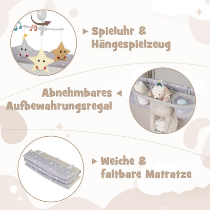 5 vienā saliekama ceļojumu gultiņa ar matraci, 2 līmeņu bērnu gulta ar riteņiem, bēša