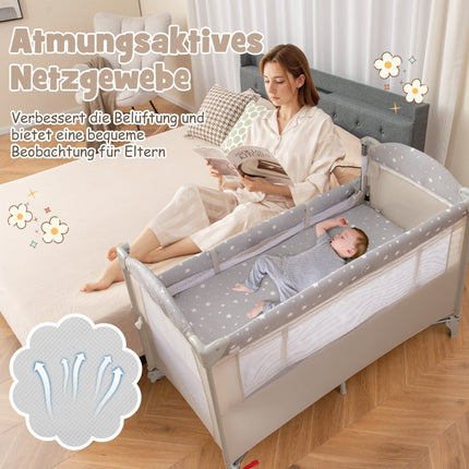 5 vienā saliekama ceļojumu gultiņa ar matraci, 2 līmeņu bērnu gulta ar riteņiem, bēša