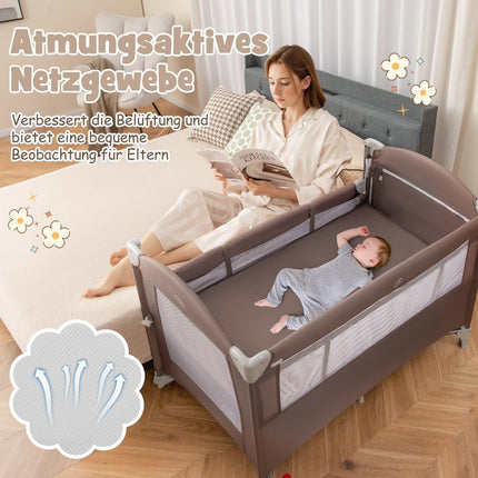 5 vienā saliekama ceļojumu gultiņa ar matraci, 2 līmeņu bērnu gulta ar riteņiem, brūna