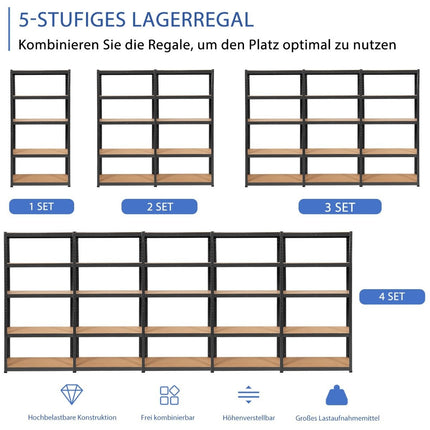 5 līmeņu uzglabāšanas plaukts ar metāla rāmi, metāla plaukts, kravnesība līdz 650 kg, 75 x 30 x 150 cm, melns