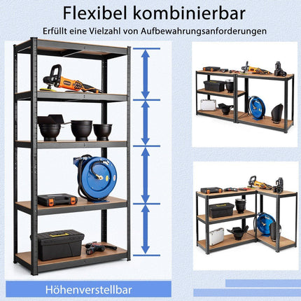 5 līmeņu uzglabāšanas plaukts ar metāla rāmi, metāla plaukts, kravnesība līdz 650 kg, 75 x 30 x 150 cm, melns