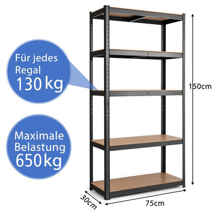 5 līmeņu uzglabāšanas plaukts ar metāla rāmi, metāla plaukts, kravnesība līdz 650 kg, 75 x 30 x 150 cm, melns