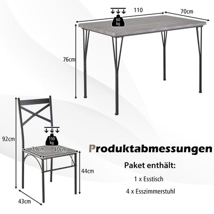 5 daļu ēdamistabas komplekts 4 personām, moderns taisnstūra formas ēdamgalds un 4 ēdamkrēsli, pelēks un melns
