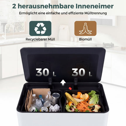 60 litru nerūsējošā tērauda virtuves atkritumu tvertne ar pedāli un diviem konteineriem