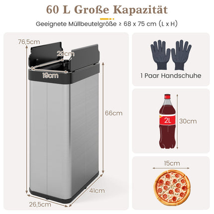 60 litru nerūsējošā tērauda atkritumu tvertne ar kustības sensoru