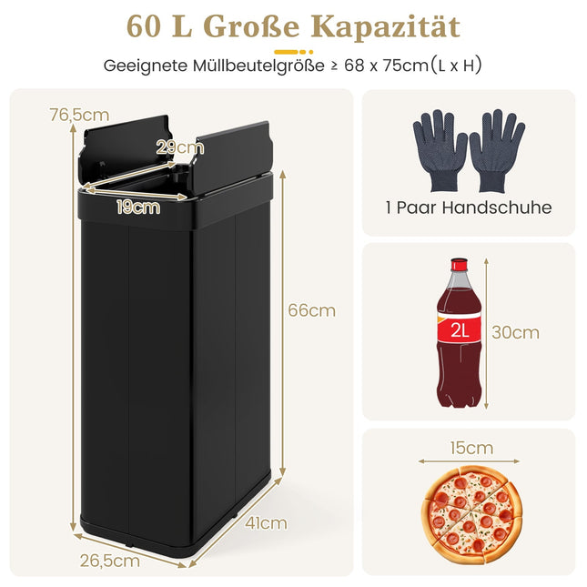60L bezkontakta atkritumu tvertne ar sensoru, nerūsējošā tērauda, melna