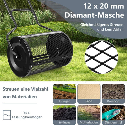 68 cm plats komposta izkliedētājs ar uzlabotiem sānu stieņiem un U veida rokturi, melns