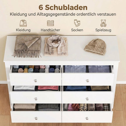6-Drawer Chest of Drawers 118 x 39.5 x 75.5 cm, Smooth Runners, White