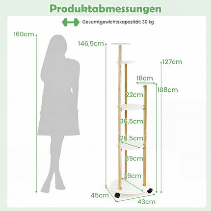 6 līmeņu augu statīvs ar LED gaismām un riteņiem, balts/zelta krāsā