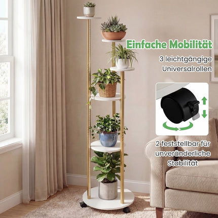 6 līmeņu augu statīvs ar LED gaismām un riteņiem, balts/zelta krāsā