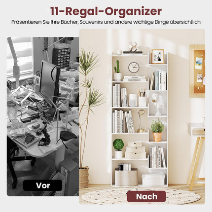 6 līmeņu koka grāmatu plaukts ar 11 plauktiem, 163 cm, balts