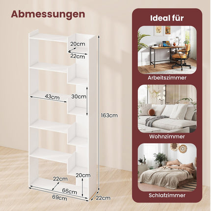 6 līmeņu koka grāmatu plaukts ar 11 plauktiem, 163 cm, balts