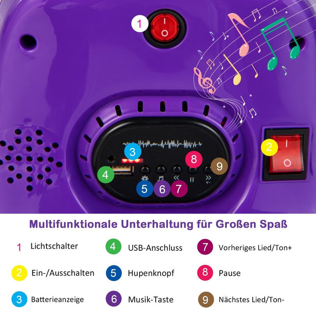 6V bērnu bufera automašīna ar 360 grādu rotāciju, mūziku un krāsainām LED gaismām, violeta